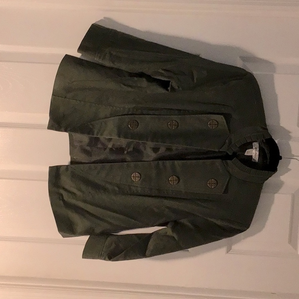olive green jacket. 3/4 sleeve, pleated ruffled around neck, brass buttons